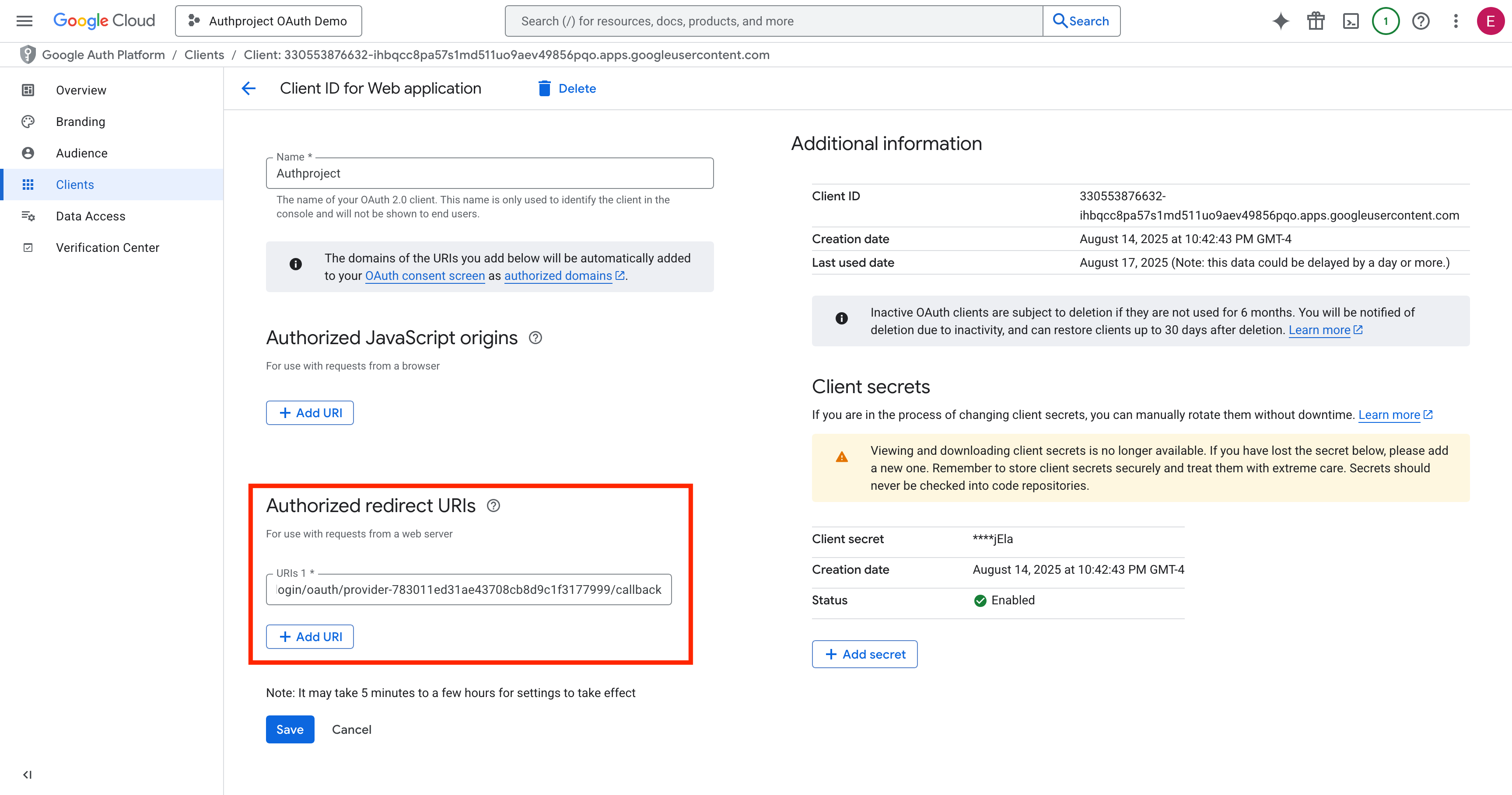 Paste into Authorized Redirect URIs