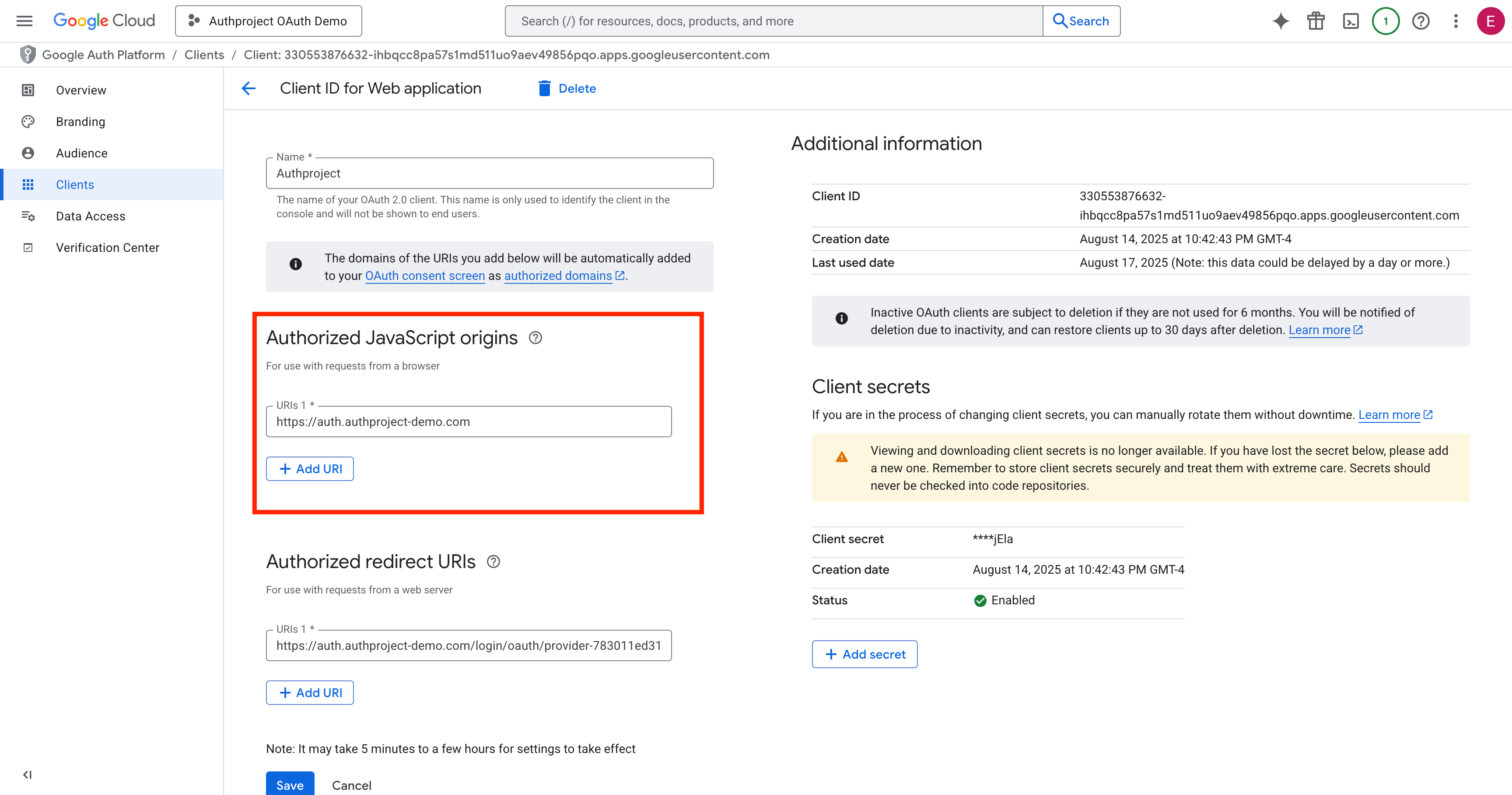 Enter your authentication domain into authorized JS origins